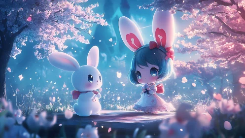 Gentle twilight moment between bunny girl and rabbit friend