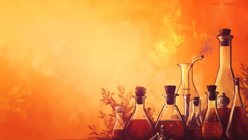 Alchemical glassware lineup against glowing orange fire haze