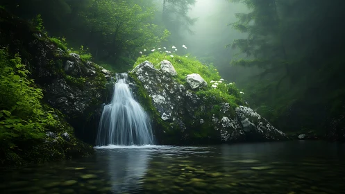 Whispering glen waterfall cradled by moss and morning mist.