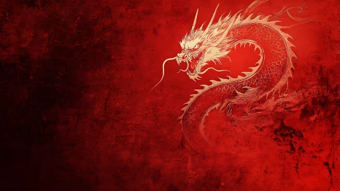 Digital painting of coiled oriental dragon on scarlet ground.
