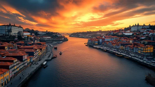 Fiery sunset over riverfront city with glowing tiled roofs.