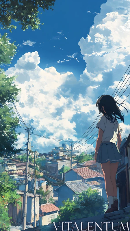 Summer hillside townscape with contemplative schoolgirl figure.