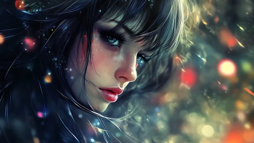 Luminescent cyber portrait of blue eyed girl in bokeh field