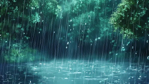 Rainfall streaks across tranquil forest pond in stylized anime