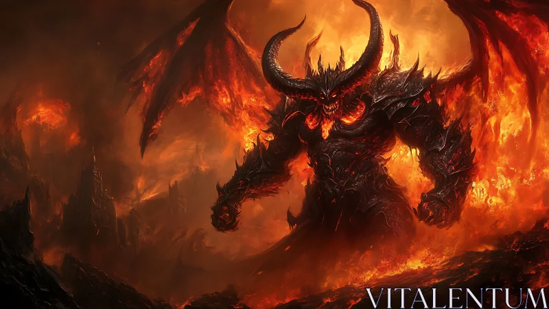 Demonic warlord emerges from volcanic inferno, wings blazing