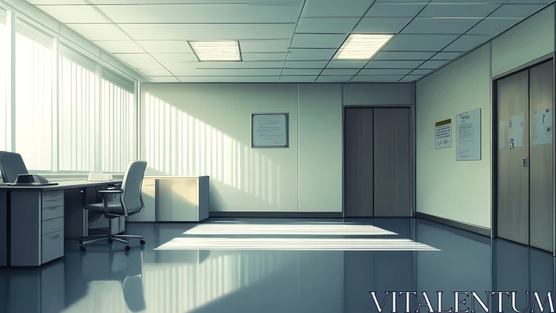 Minimalist corporate office corridor with soft morning light