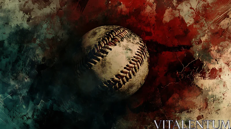 Weathered baseball floats amid turbulent abstract colors