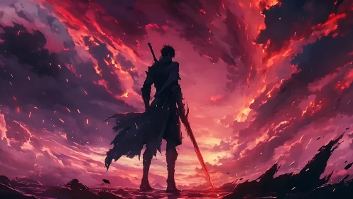 Backlit warrior silhouette under apocalyptic crimson vortex
