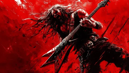 Wild metal guitarist shredding through a crimson storm.