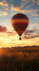 Hot air balloon over sunlit meadow at warm golden sunset