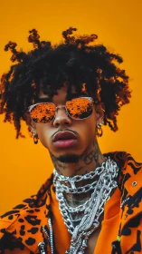 Neon-clad street style portrait with mirrored orange shades.