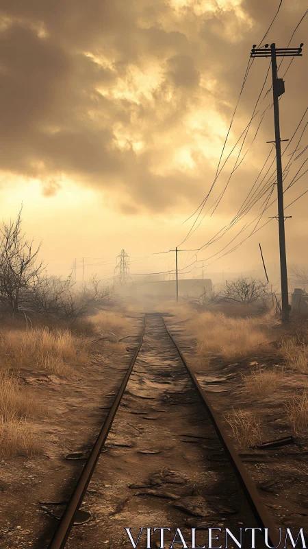 Rail track extends through arid terrain under dense clouds
