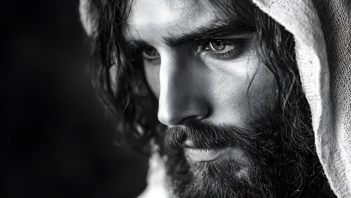 Monochrome male portrait with intense contemplative gaze.