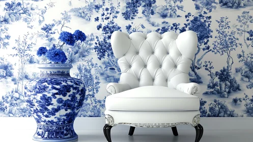 White tufted armchair with blue chinoiserie vase and wallpaper
