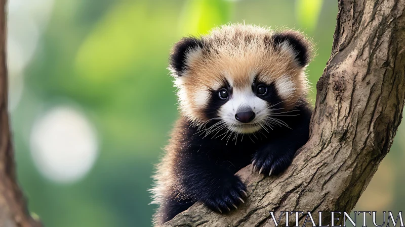 Curious baby red panda peeking from a sunlit forest tree.