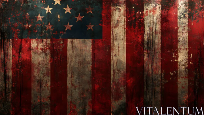 Weathered flag of bold stripes and restless, glowing stars.