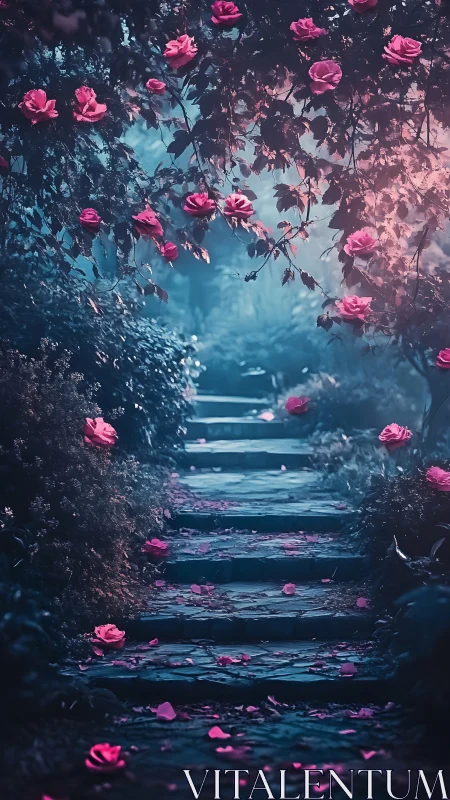 Moonlit stone stairway beneath drifting rose canopy at dusk.