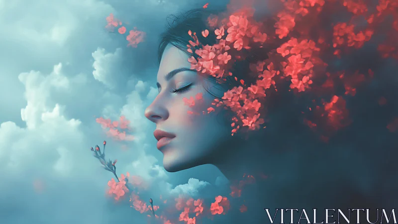 Dreaming girl drifts through clouds and blooming petals.
