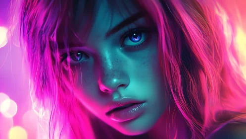 Neon lit cyber girl gazes intensely through glowing haze