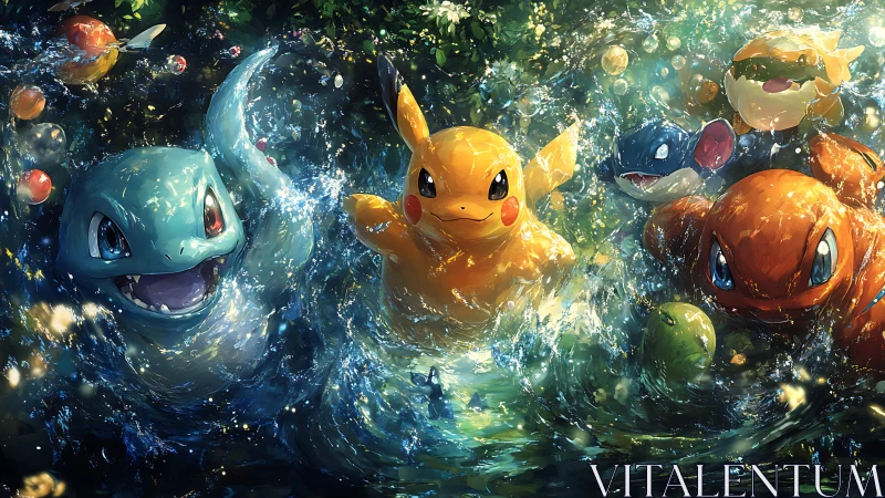 Joyful elemental creatures diving through sparkling water.