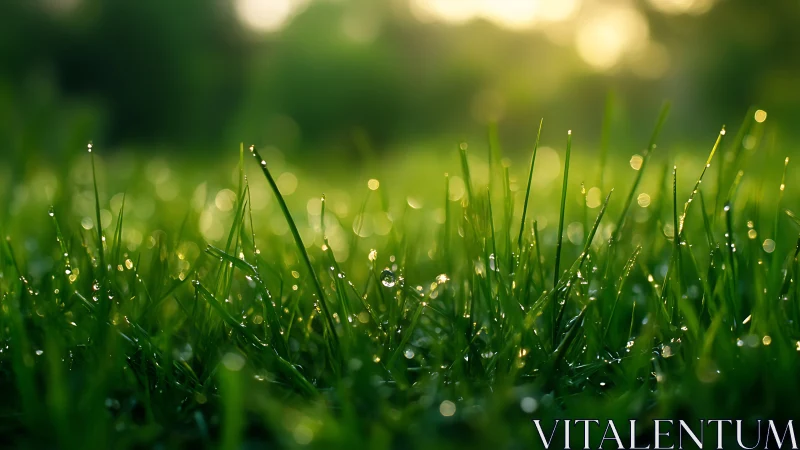 Close-up grass blades with dew droplets in soft morning light