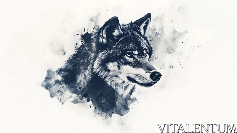 Ink wolf portrait with watercolor smoke abstraction.