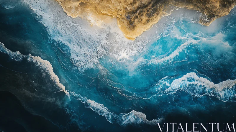 Aerial coastal interface with turbulent wave field dynamics.