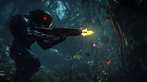 Armored humanoid robot fires rifle in dense night jungle