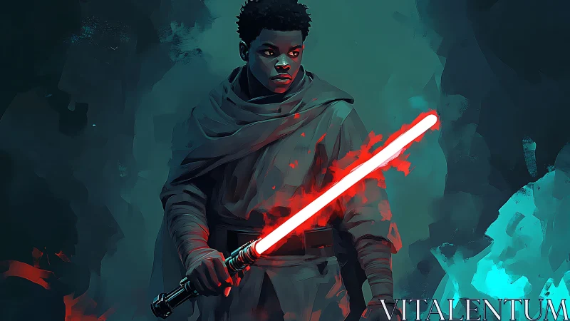 Storm-lit wanderer steadies a crackling crimson energy blade