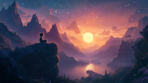 Sunset meditator adrift in dream-bright mountain stillness.