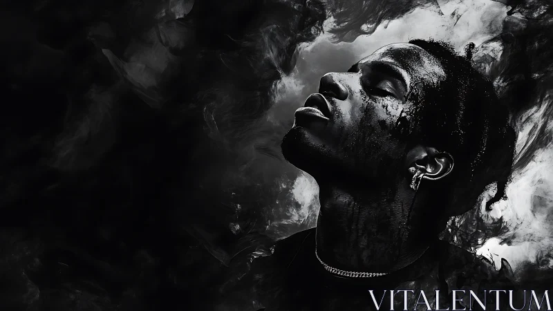 Moody black and white portrait in swirling dark smoke.