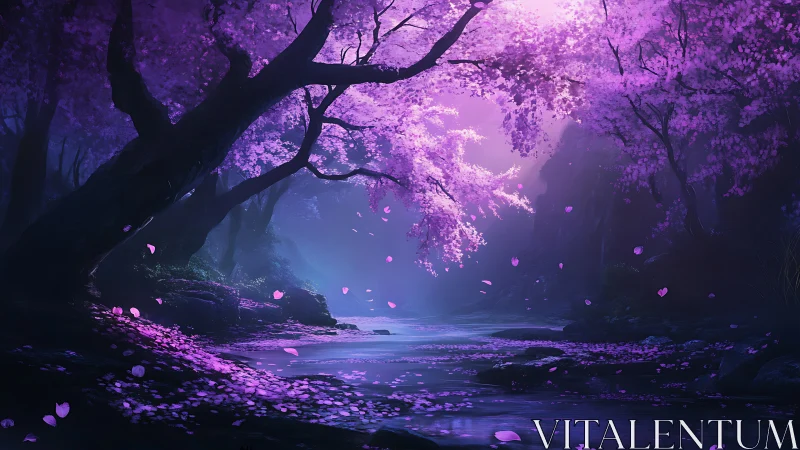 Digital painting of luminous cherry blossom forest streamscape.