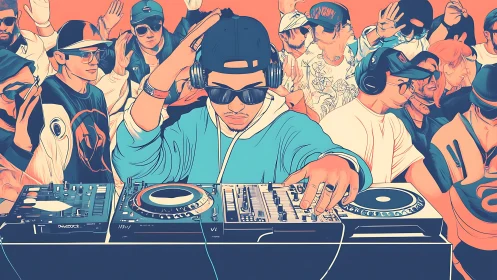 Digital illustration of DJ mixing console in crowded club scene