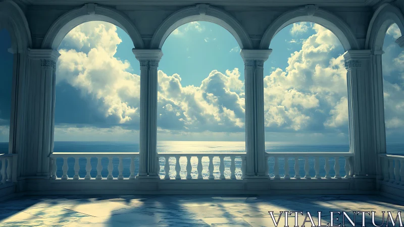 Sunlit marble terrace opens onto a tranquil, endless sea