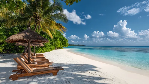 Tropical Seaside Resort with Thatched Umbrellas and White Sand Beach.