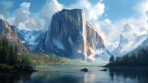 Sunlit granite monolith reigns over glassy alpine valley lake.