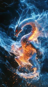 Elemental dragon formed from fire sparks and blue energy.