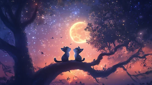Two Cats Gazing at the Golden Moon Above Ancient Trees.