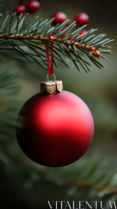 Red Christmas bauble hangs from evergreen branch outdoors