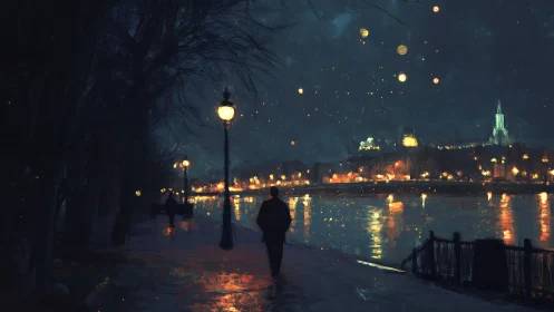 Solitary figure walks beside a river under glowing city lights