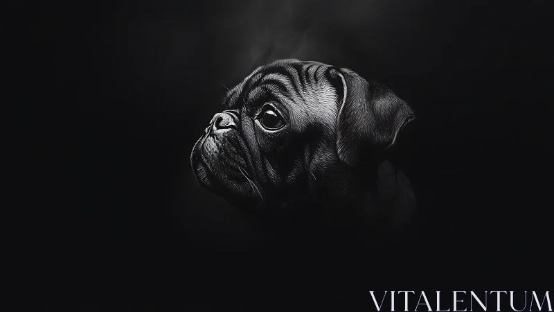 Photorealistic pug portrait in dramatic chiaroscuro profile.