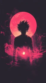 Silhouetted energy figure against neon crimson moon glow.