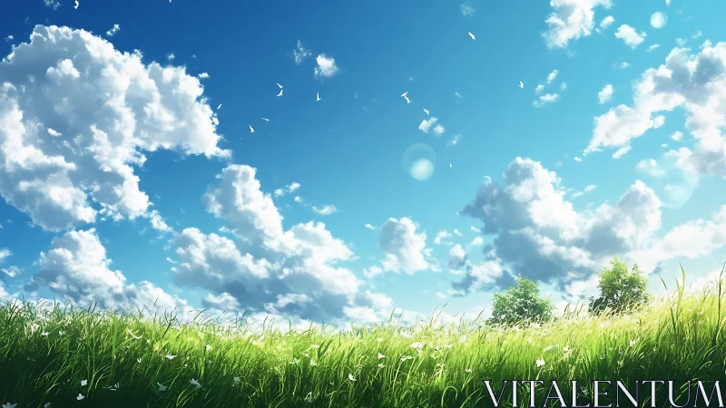 Cloud filled blue sky over green grass field landscape.