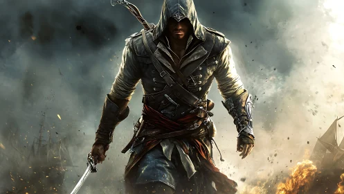 Hooded rogue swordsman advancing through burning battlefield fog