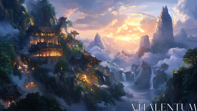 Lantern-lit mountain temples adrift above cascading clouds.