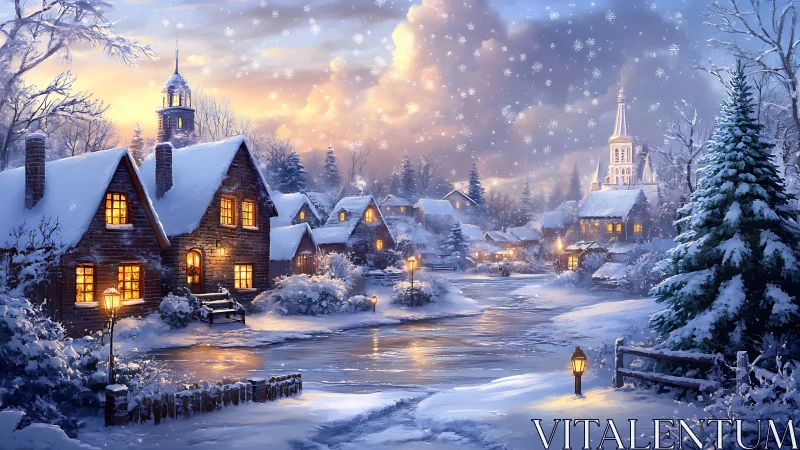 Snow covered village with warm cottage lights at dusk.