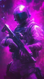 Neon void ranger cradling a rifle in ultraviolet stormlight.