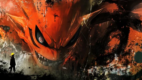 Silhouetted figure facing large orange beast illustration.