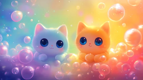 Two stylized anthropomorphic cats with volumetric light rendering and bubble particle effects