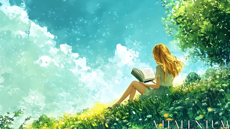 Anime pastoral study of girl reading on a sunlit hillside.